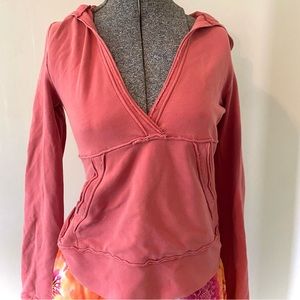 Free people fitted v-neck jacket hoddie. Distressed, pink. Very flattering fit.